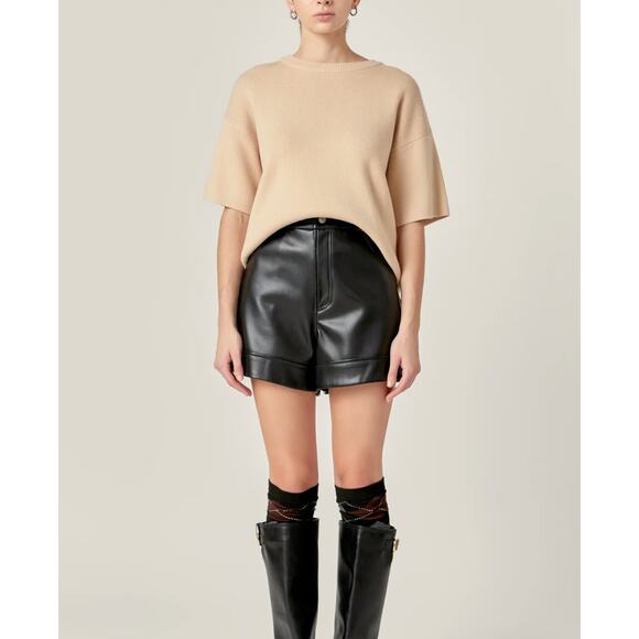 English Factory Ribbed Collar Knit Elbow Half Sleeves Sweater Top Beige L - Picture 6 of 11